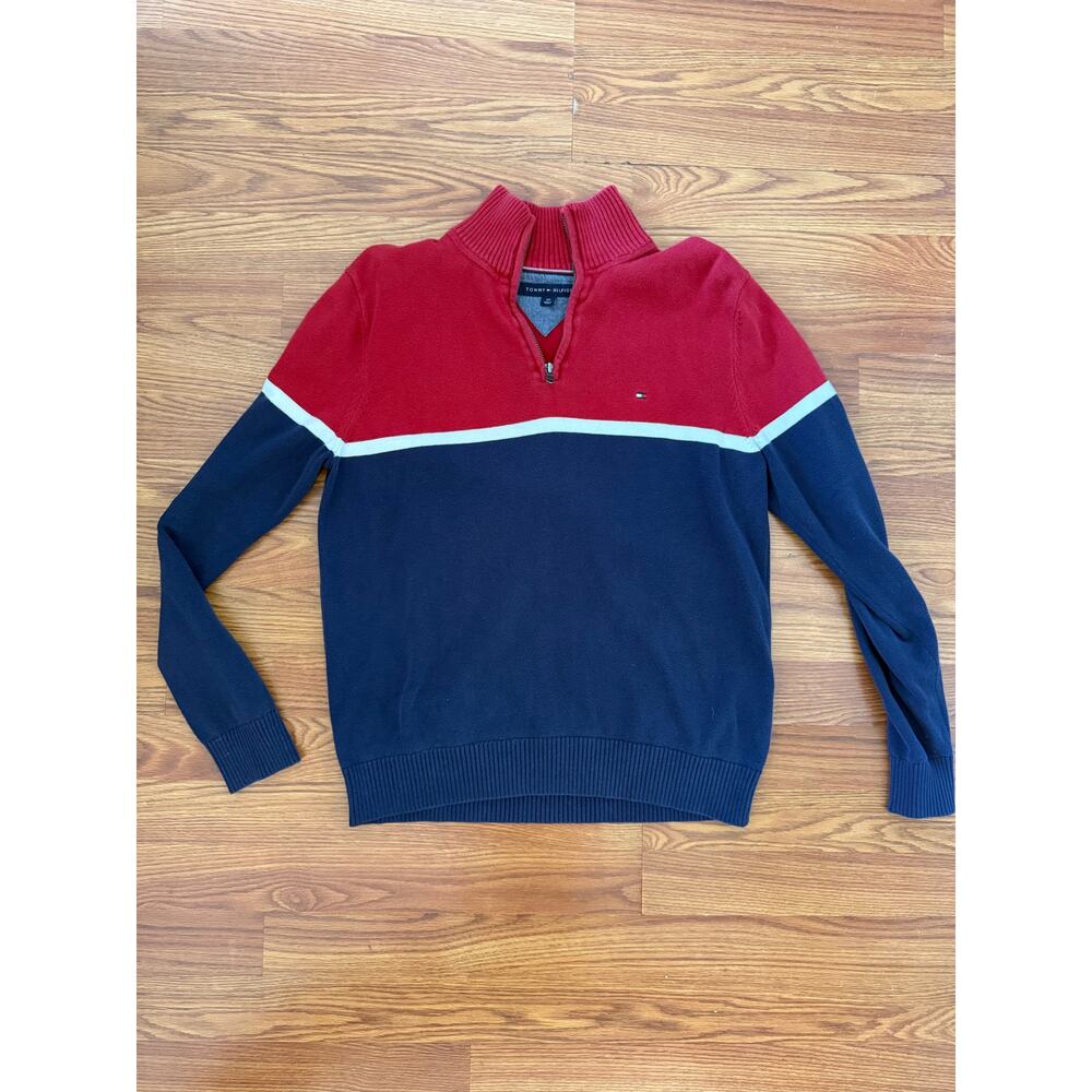 Tommy Hilfiger Colorblock Quarter Zip Sweater Red Navy Preppy 90s Small